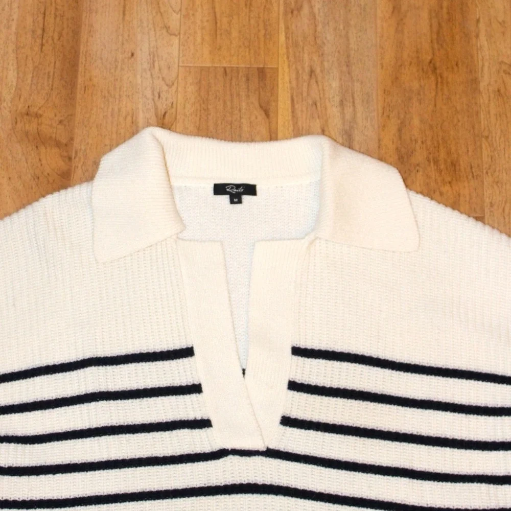 Rails Harris White Navy Stripe Sweater Womens Medium Polo Striped V-Neck Knit
